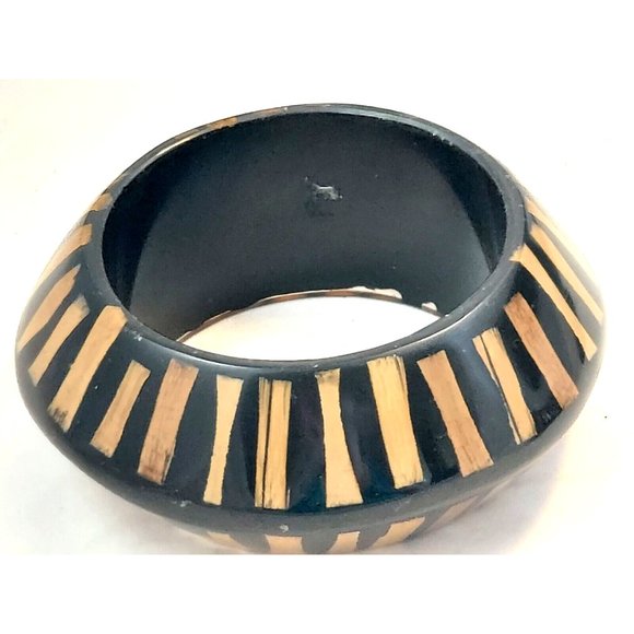 CHUNKY BICONE BANGLE BRACELET VINTAGE LUCITE WOOD BAMBOO 1.5" KENNETH JAY LANE - Picture 4 of 7